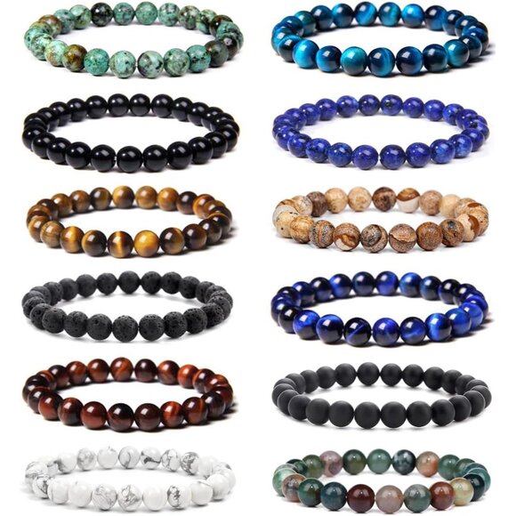 12Pcs Gemstone Beaded Stretch Bracelets Set Unisex Crystal Stone Jewelry - Picture 1 of 7